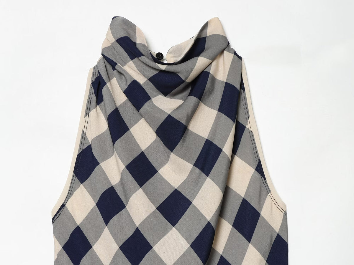 Women's plaid hanging collar MIDI dress