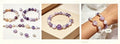 Reference collage showing purple and milky-white beaded bracelets with gold-tone accents