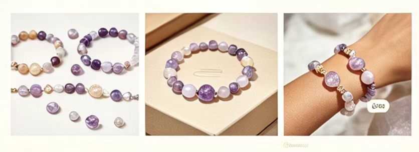 Reference collage showing purple and milky-white beaded bracelets with gold-tone accents