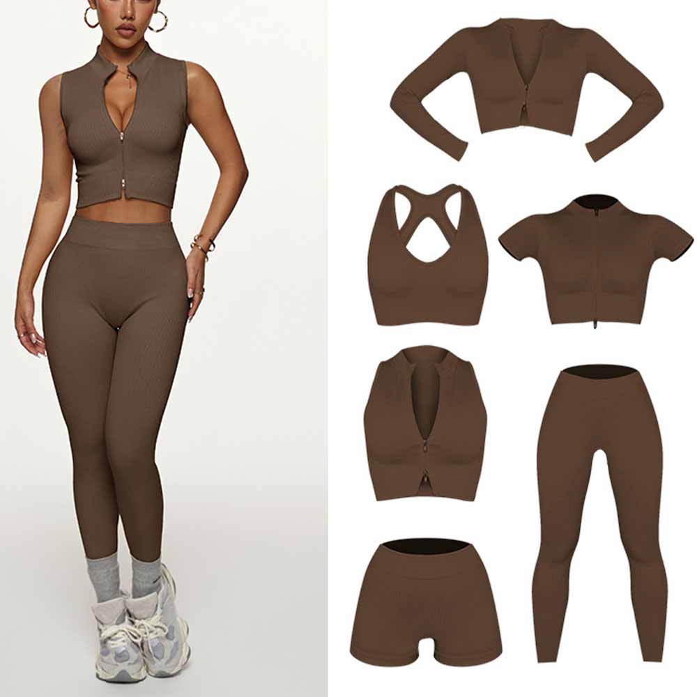Women's New Fashion Joker Sports Bra Yoga Pants Long-sleeved Jacket Short-sleeved Tight Training Vest Six-piece Yoga Clothes.