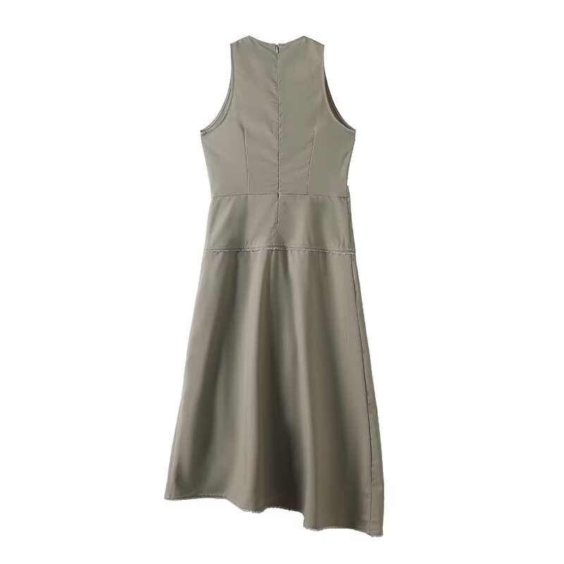 Women's new fashion ribbon decoration sleeveless linen blended MIDI dress